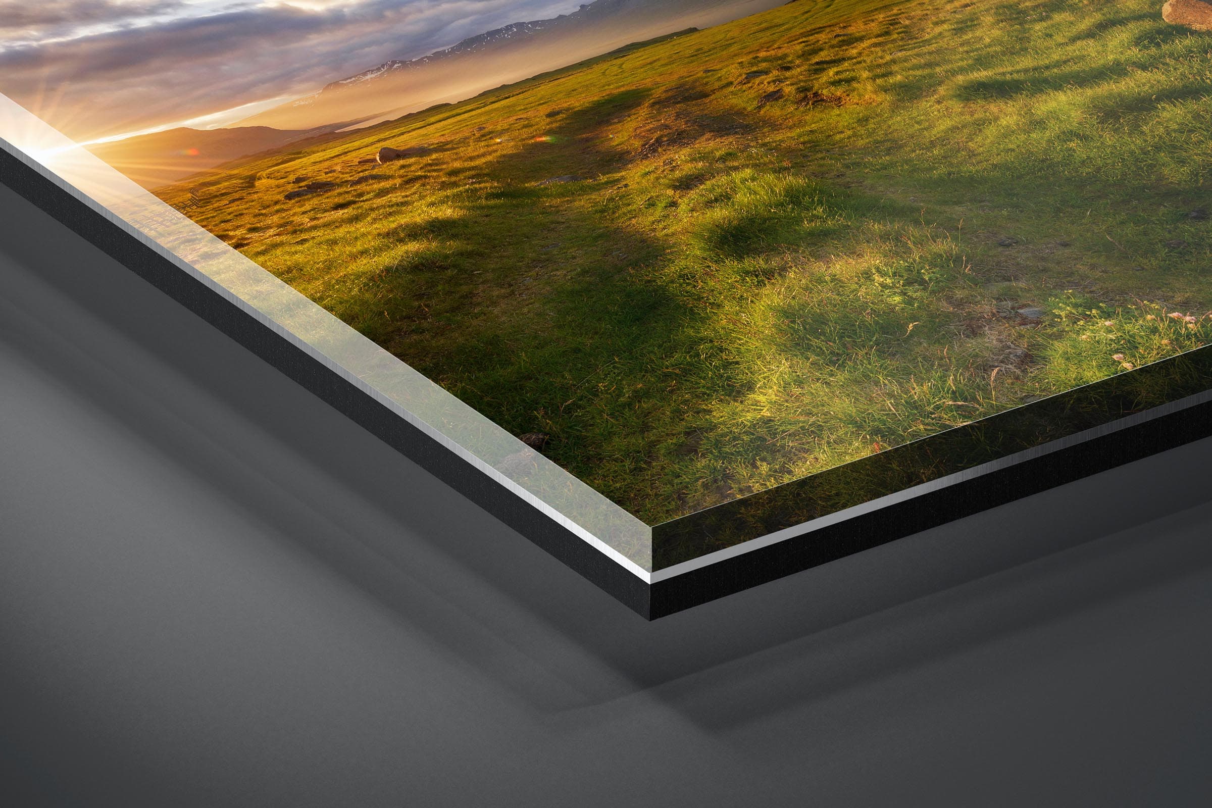 Fine art limited edition acrylic print of Sunburst Meadow in Djupivogur, Iceland by Brent Goldman Photography