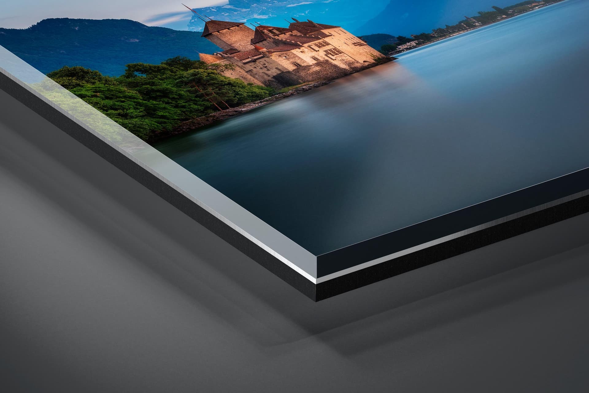 Fine art limited edition acrylic print of Chillon Castle in Lake Geneva, Switzerland by Brent Goldman Photography