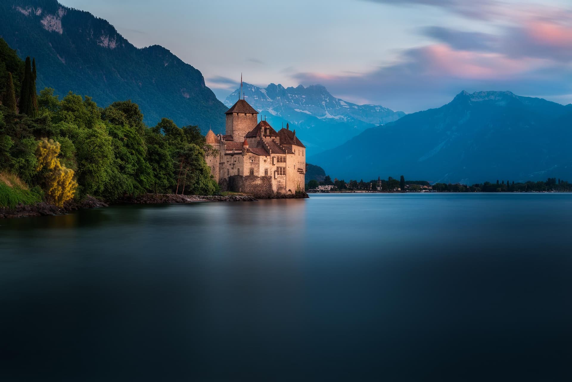 Photograph of Chillon Castle in Lake Geneva, Switzerland by Brent Goldman Photography