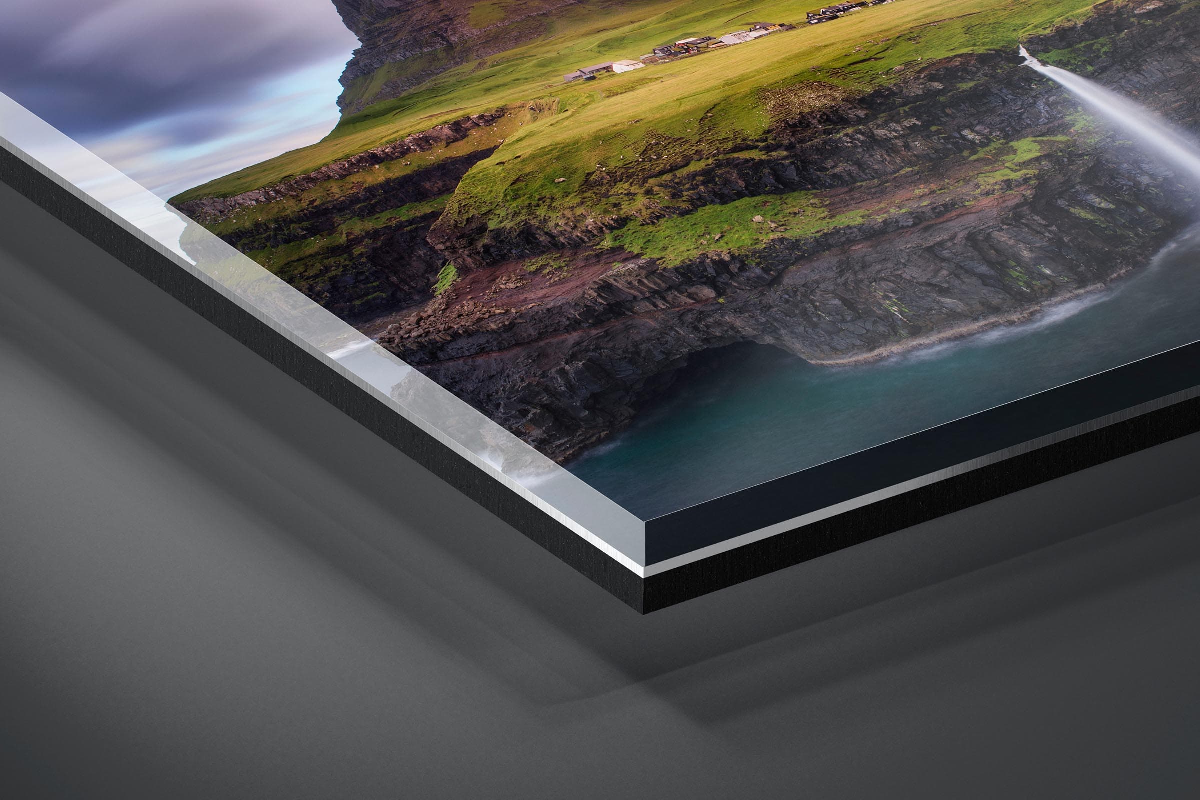 Fine art limited edition acrylic print of Mulafossur Waterfall in Gasadalur, Faroe Islands by Brent Goldman Photography