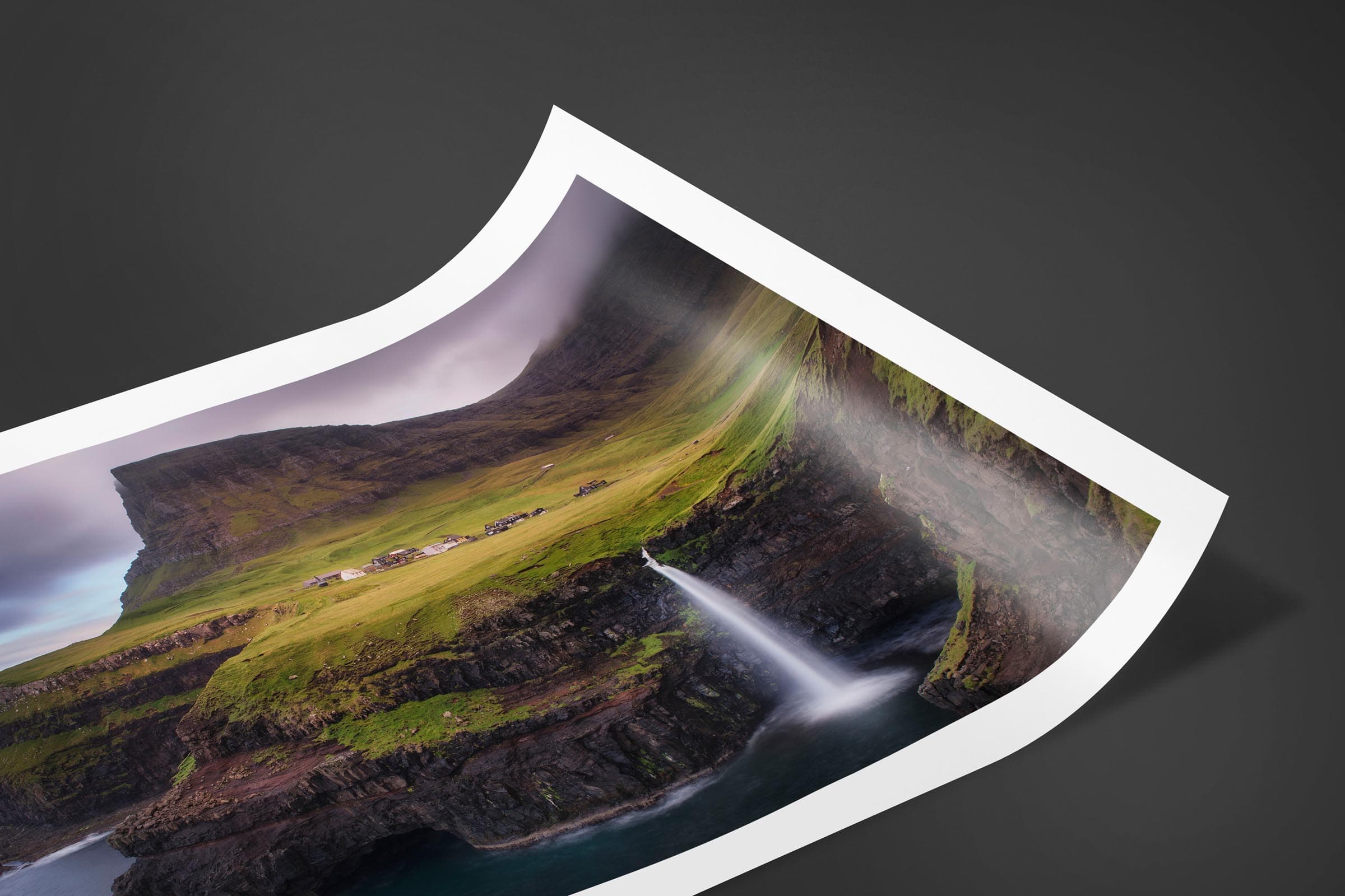 Fine art limited edition print of Mulafossur Waterfall in Gasadalur, Faroe Islands by Brent Goldman Photography